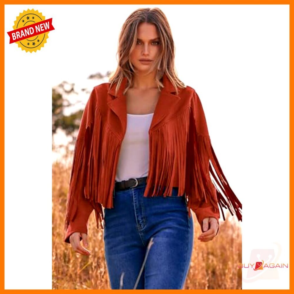 Faux Suede Cropped Motorcycle Jacket with Fringe Tassel Design - Picture 5 of 7